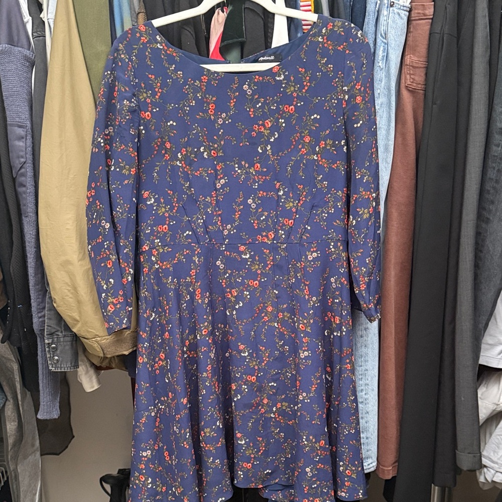 Madewell Floral Long Sleeve Dress in Blue and Red